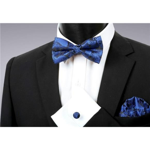 Men's Blue Tie Set Classic Paisley Bow Tie Hanky Cufflinks Set Gift for Him Men - Picture 2 of 4